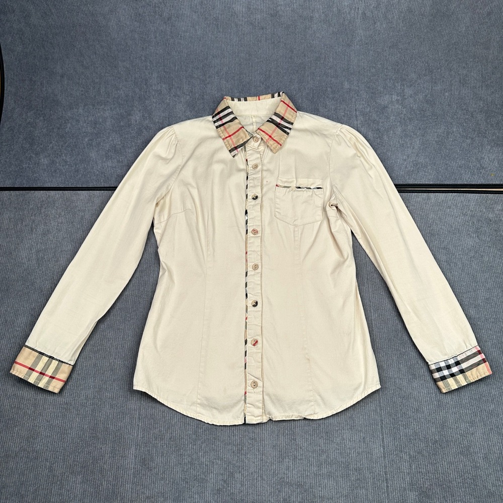 Cream Plaid Trim Button Up Shirt Long Sleeve Blouse Small Mark Tailored Fit Y2k